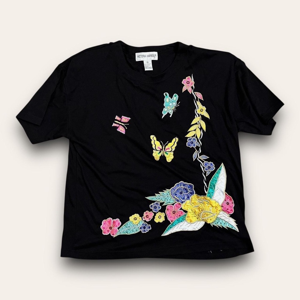 Vintage Butterfly Embroidered Sequin Tshirt Size XL Victoria Harbour Cottagecore